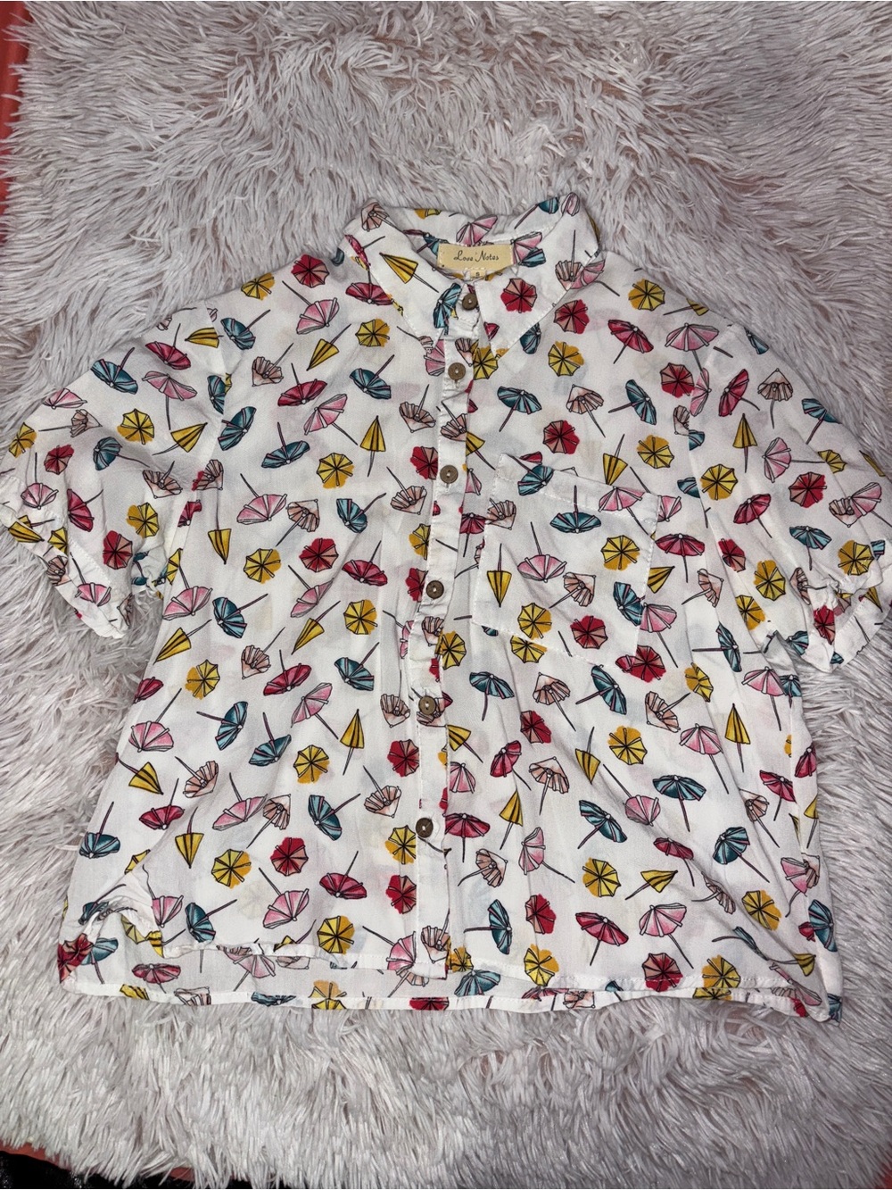Kids Short-Sleeve Button-Up Shirt with Beach Umbrella Print - White/Multi